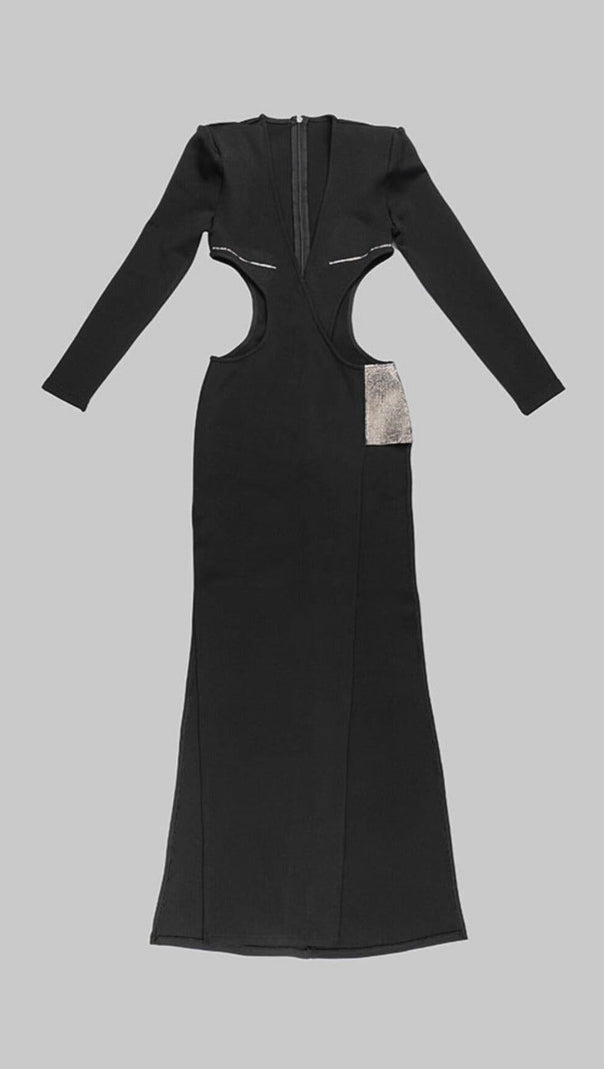 AIIZIE LONG SLEEVE CRYSTAL MAXI DRESS BLACK - product image
