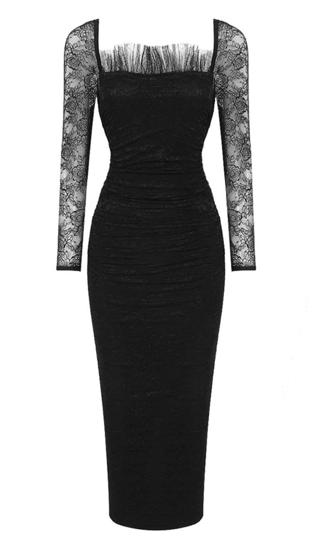 AIIZIE LACE LONG SLEEVE PLEATED DRESS IN BLACK - product image