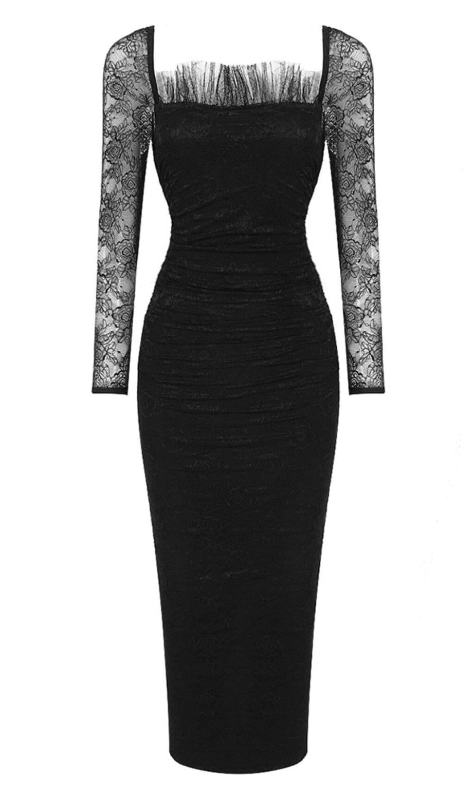 LACE LONG SLEEVE PLEATED DRESS IN BLACK