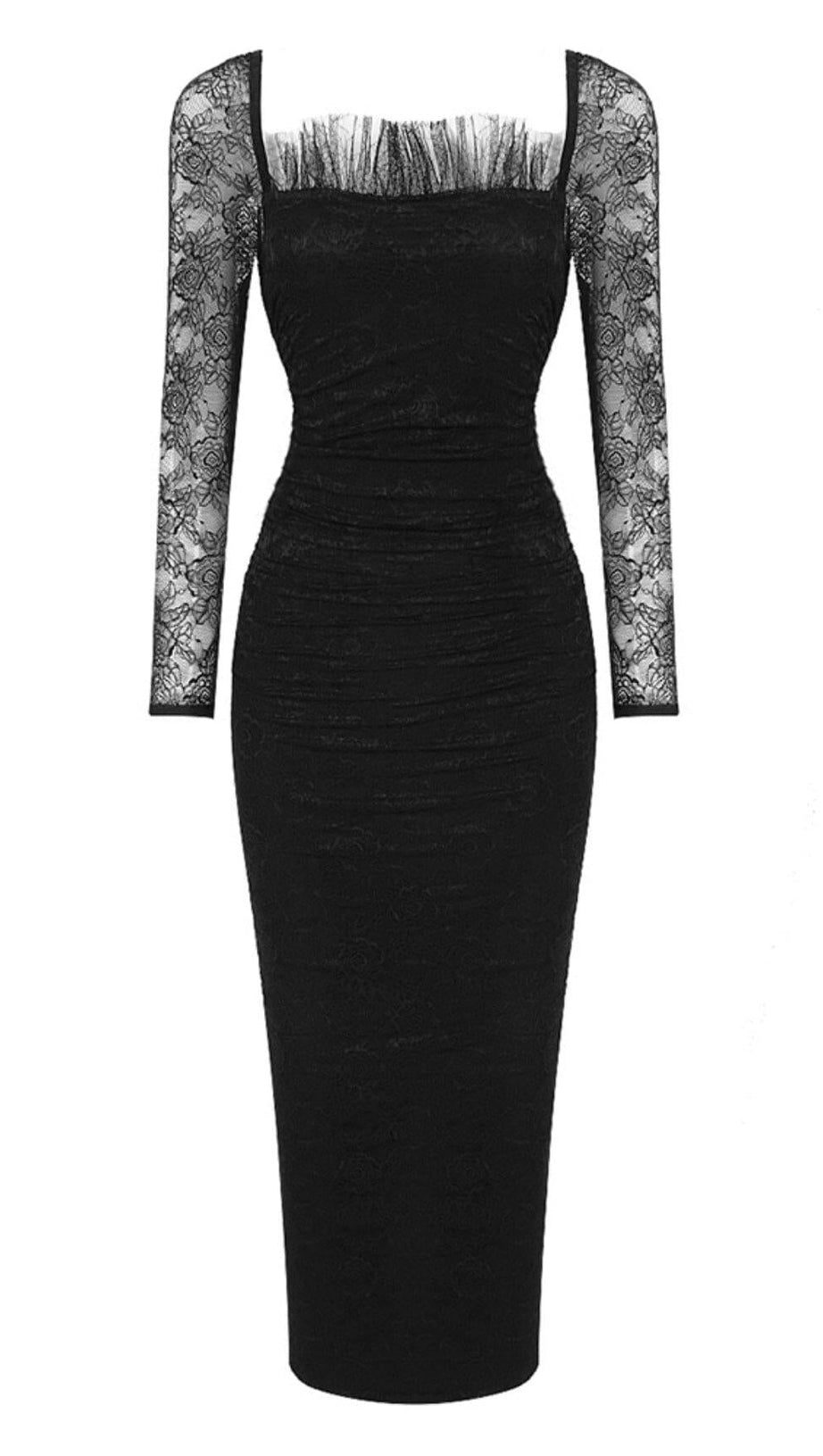 LACE LONG SLEEVE PLEATED DRESS IN BLACK