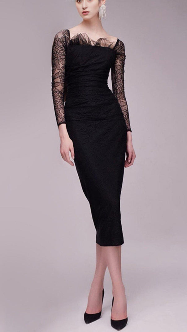 AIIZIE LACE LONG SLEEVE PLEATED DRESS IN BLACK - product image