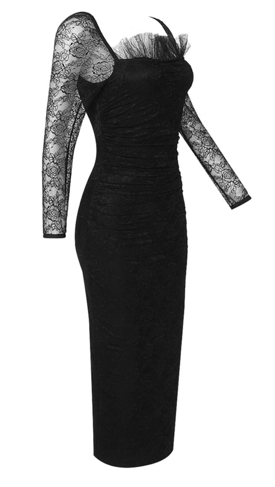 LACE LONG SLEEVE PLEATED DRESS IN BLACK