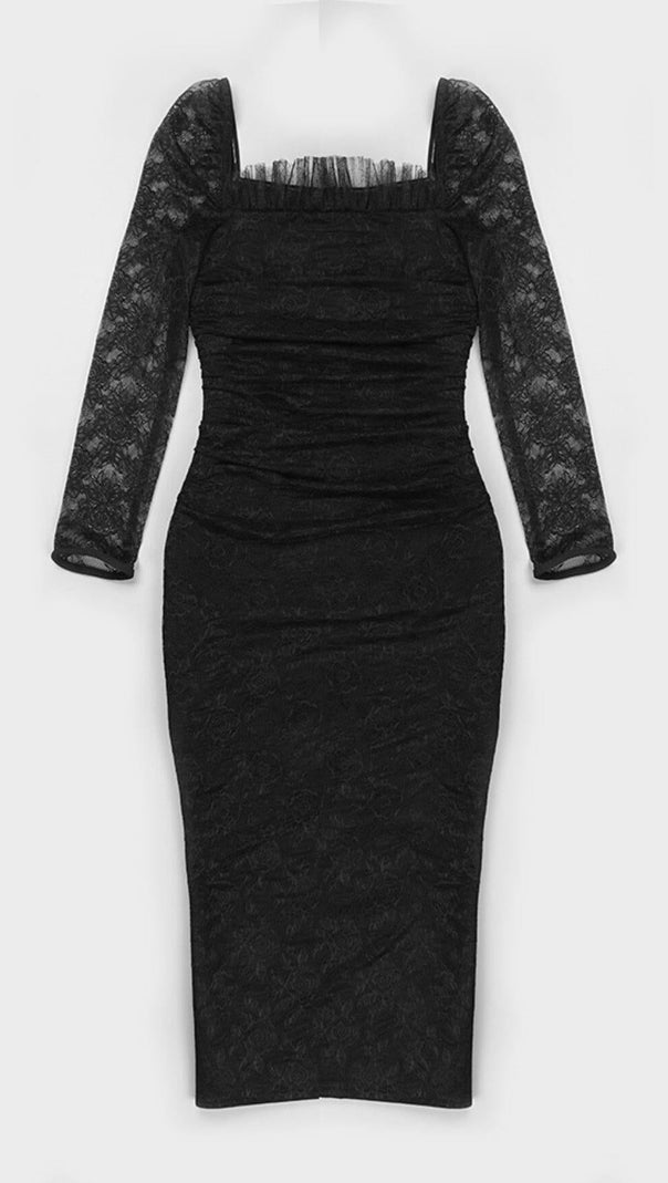 AIIZIE LACE LONG SLEEVE PLEATED DRESS IN BLACK - product image