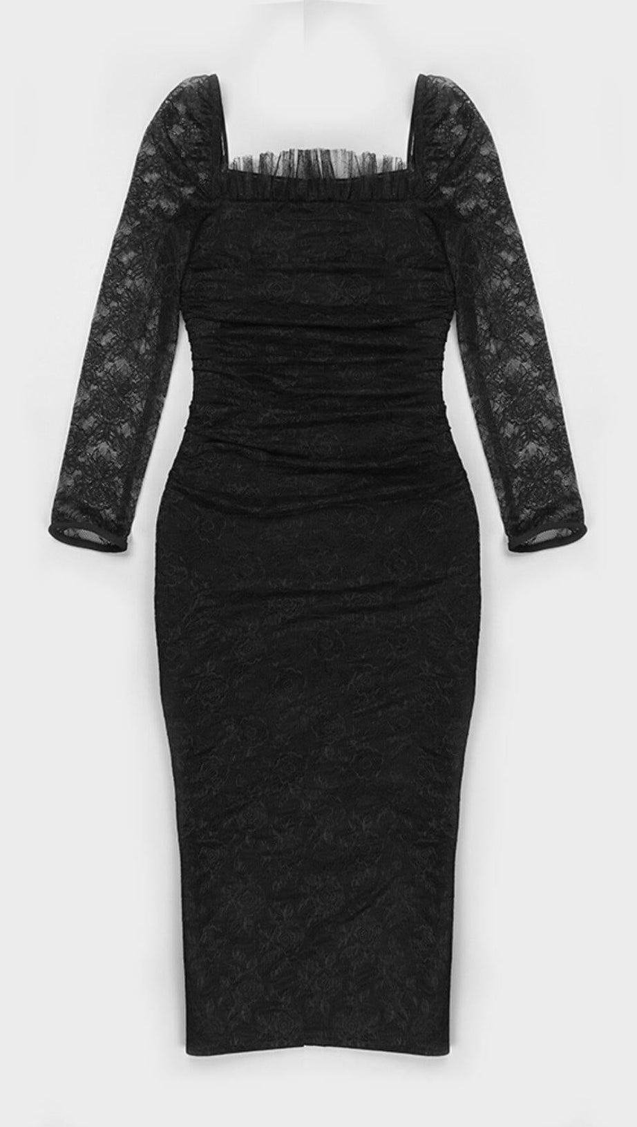 LACE LONG SLEEVE PLEATED DRESS IN BLACK