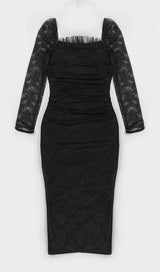 LACE LONG SLEEVE PLEATED DRESS IN BLACK