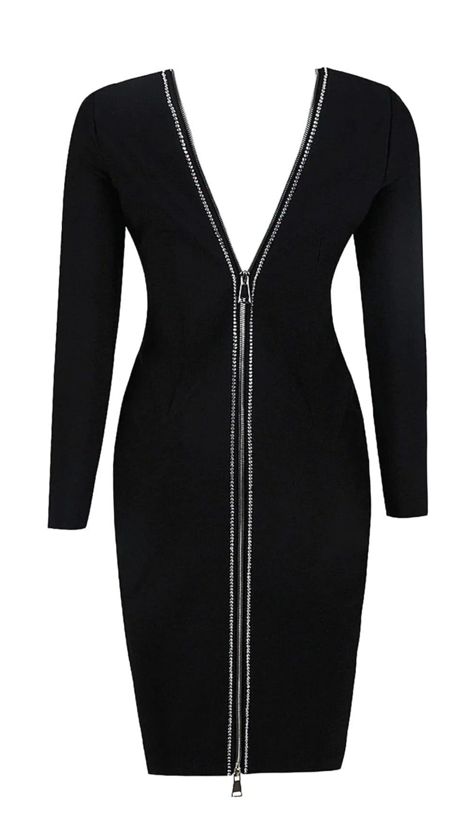 LONG SLEEVE  CRYSTAL BANDAGE MIDI DRESS IN BLACK