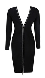 LONG SLEEVE  CRYSTAL BANDAGE MIDI DRESS IN BLACK