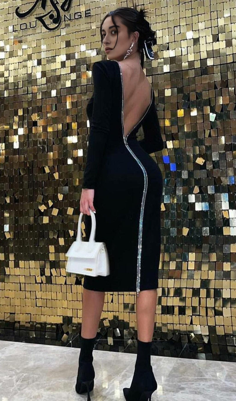 LONG SLEEVE  CRYSTAL BANDAGE MIDI DRESS IN BLACK