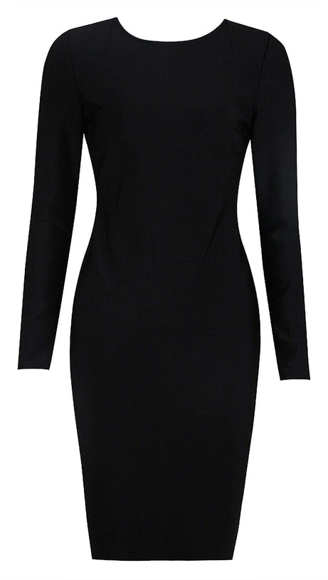 LONG SLEEVE  CRYSTAL BANDAGE MIDI DRESS IN BLACK