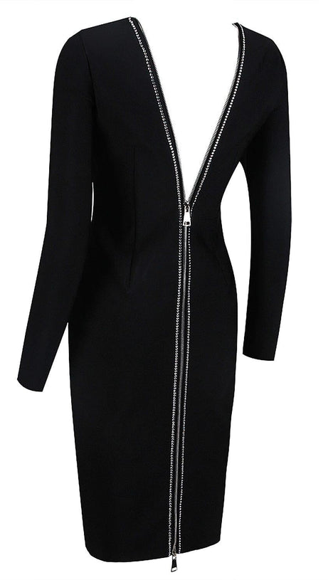 LONG SLEEVE  CRYSTAL BANDAGE MIDI DRESS IN BLACK