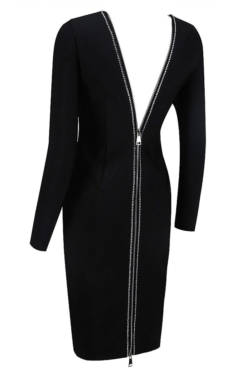 LONG SLEEVE  CRYSTAL BANDAGE MIDI DRESS IN BLACK