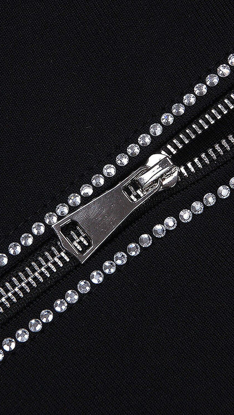 LONG SLEEVE  CRYSTAL BANDAGE MIDI DRESS IN BLACK