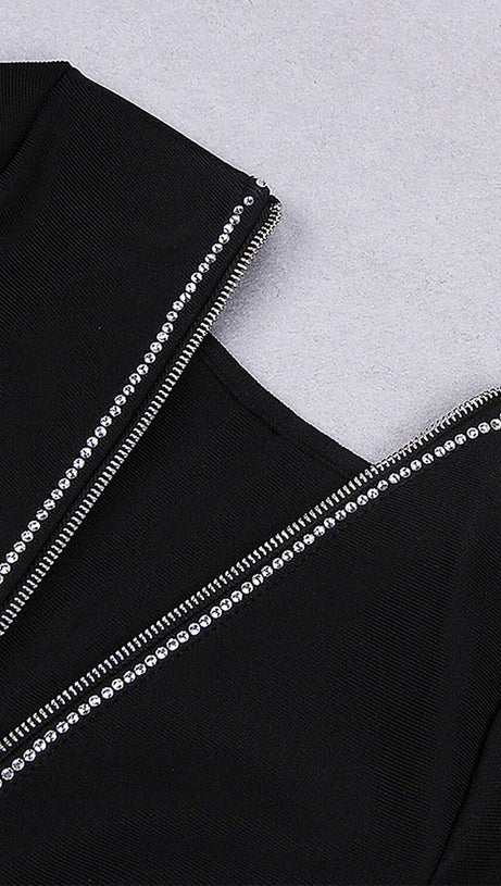 LONG SLEEVE  CRYSTAL BANDAGE MIDI DRESS IN BLACK