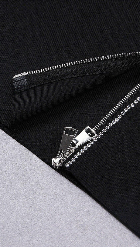 LONG SLEEVE  CRYSTAL BANDAGE MIDI DRESS IN BLACK