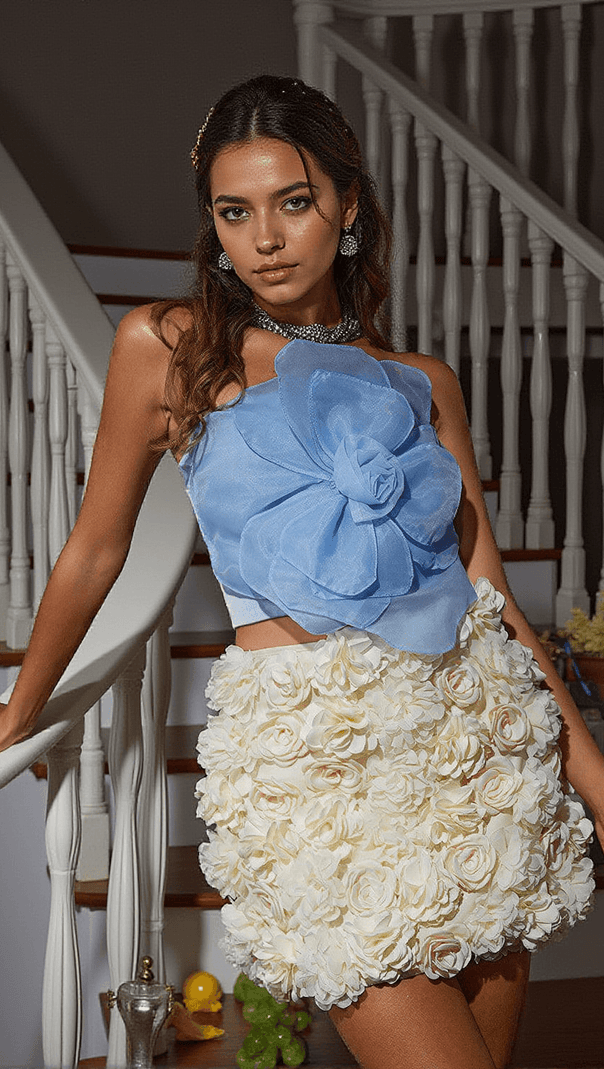 AIIZIE ALISTAIR STRAPLESS FLOWER MESH TOP IN BLUE - product image