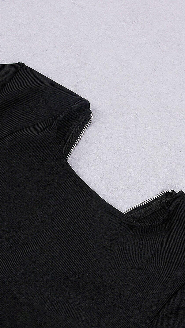 ABITO MIDI A MANICHE LUNGHE CON BENDAGGIO E CRISTALLI NERO