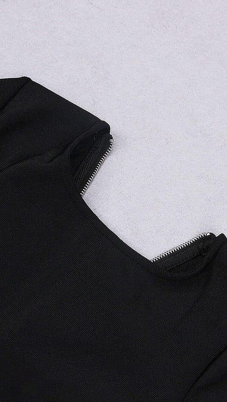 LONG SLEEVE  CRYSTAL BANDAGE MIDI DRESS IN BLACK