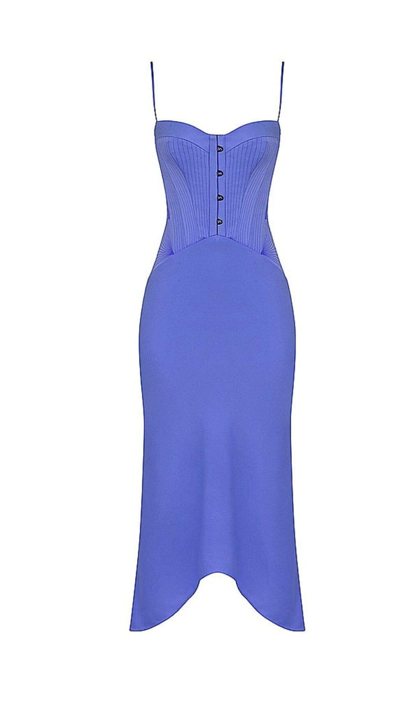 PERIWINKLE SATIN CORSET MIDI DRESS IN BLUE