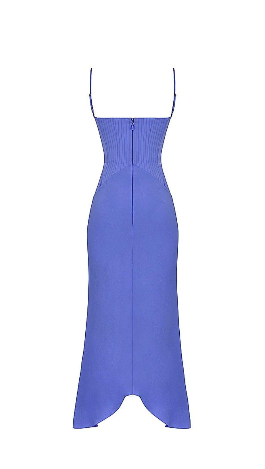 PERIWINKLE SATIN CORSET MIDI DRESS IN BLUE