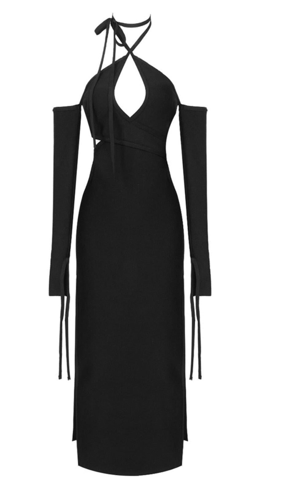 STRAPLESS STRAPPY SLIT DRESS IN BLACK
