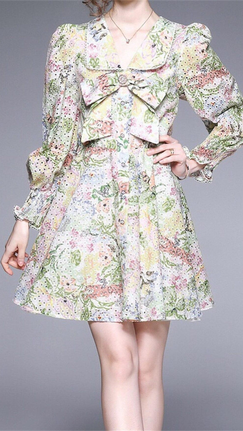 LONG PUFF SLEEVE V NECK DIAMONDS BOW RUFFLES MINI DRESS