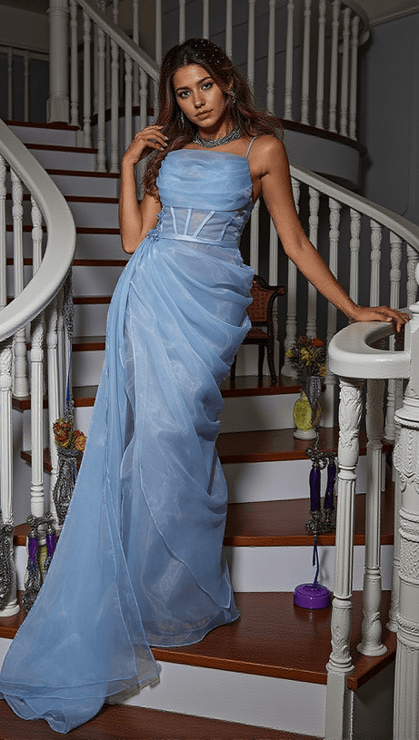 DIANA SPAGHETTI DRAPED MESH MAXI DRESS