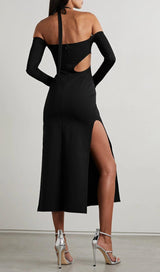 STRAPLESS STRAPPY SLIT DRESS IN BLACK