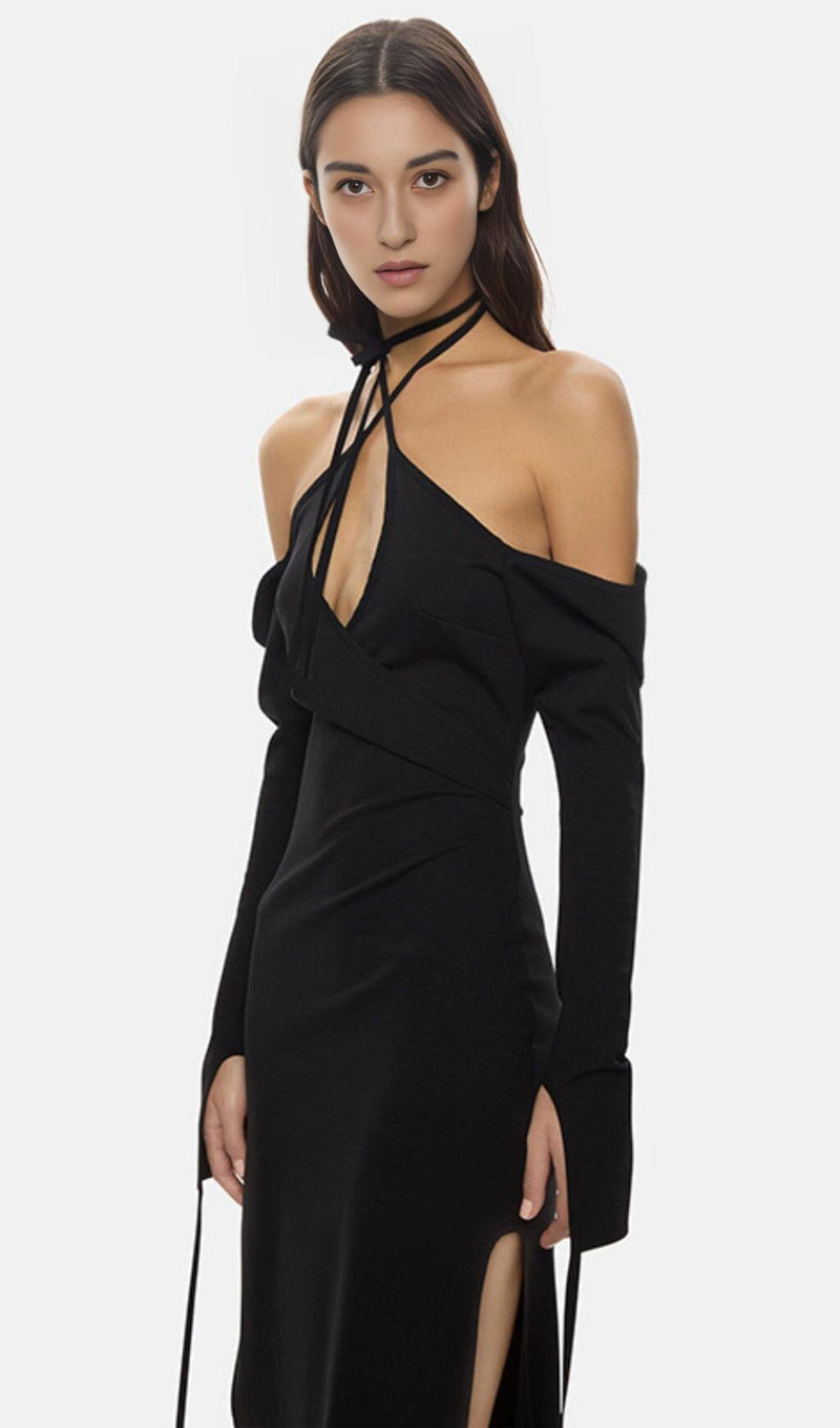 STRAPLESS STRAPPY SLIT DRESS IN BLACK