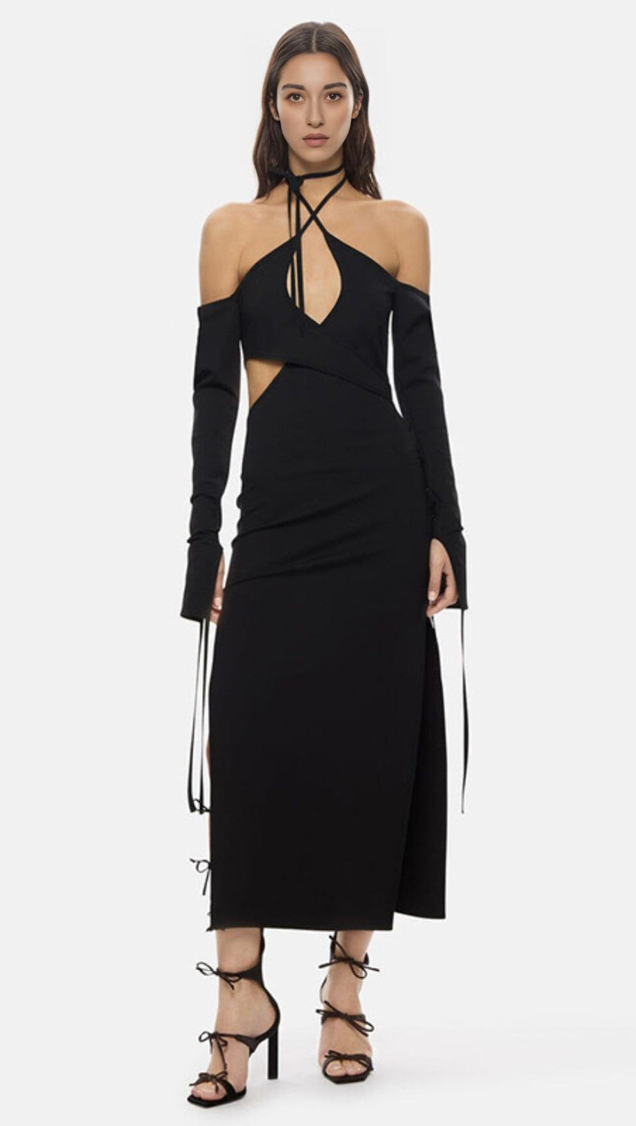 STRAPLESS STRAPPY SLIT DRESS IN BLACK