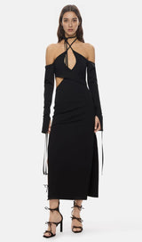 STRAPLESS STRAPPY SLIT DRESS IN BLACK