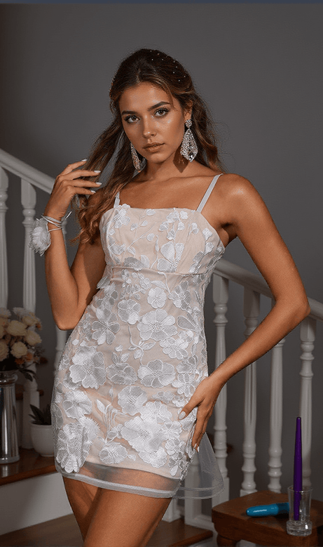 Saige Flower Embroidered Mini Dress In White