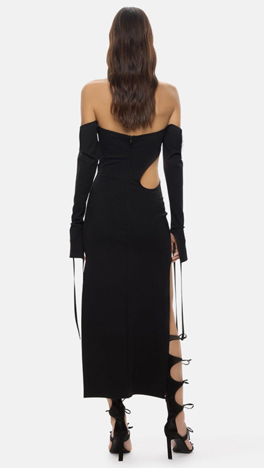 STRAPLESS STRAPPY SLIT DRESS IN BLACK