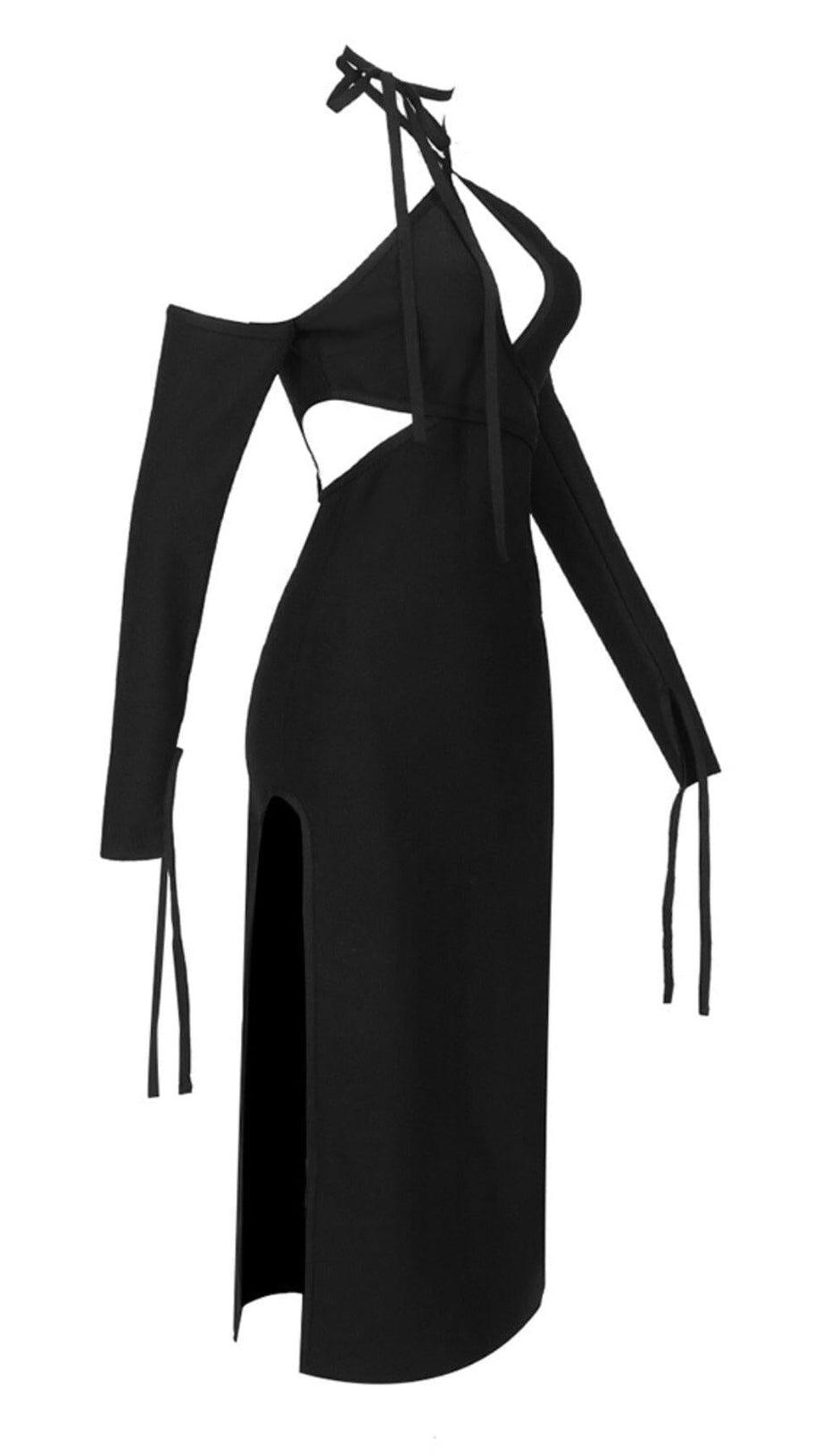 STRAPLESS STRAPPY SLIT DRESS IN BLACK