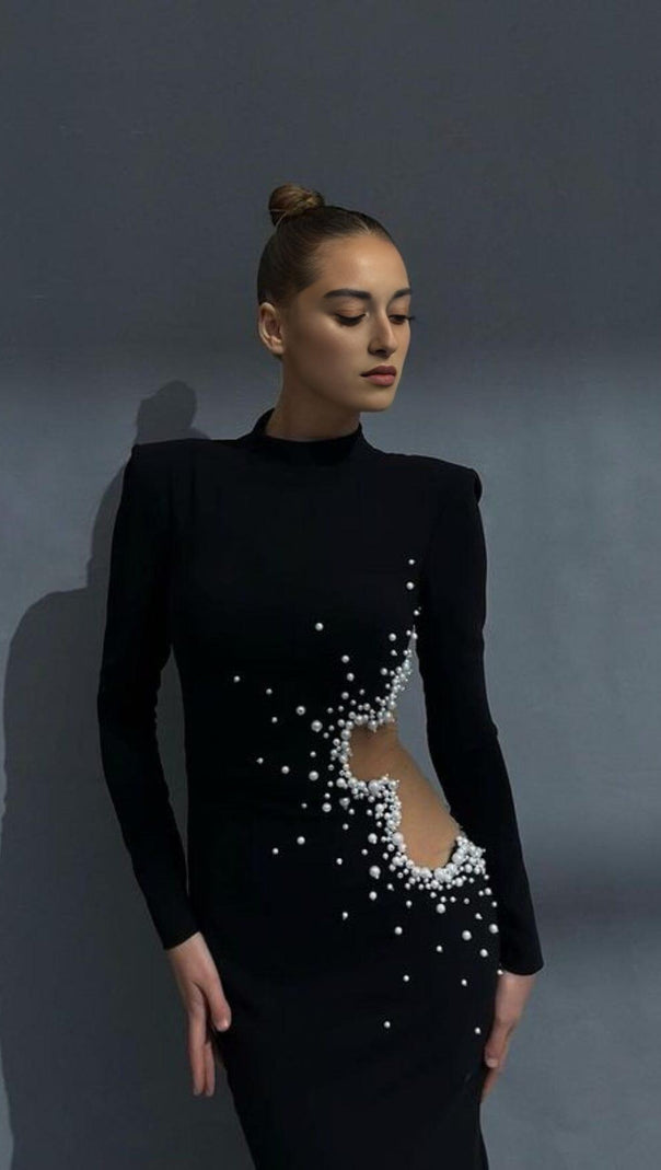 AIIZIE PEARL HOLLOW SEXY DRESS IN BLACK - product image