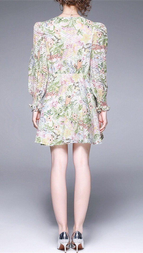 AIIZIE LONG PUFF SLEEVE V NECK DIAMONDS BOW RUFFLES MINI DRESS - product image