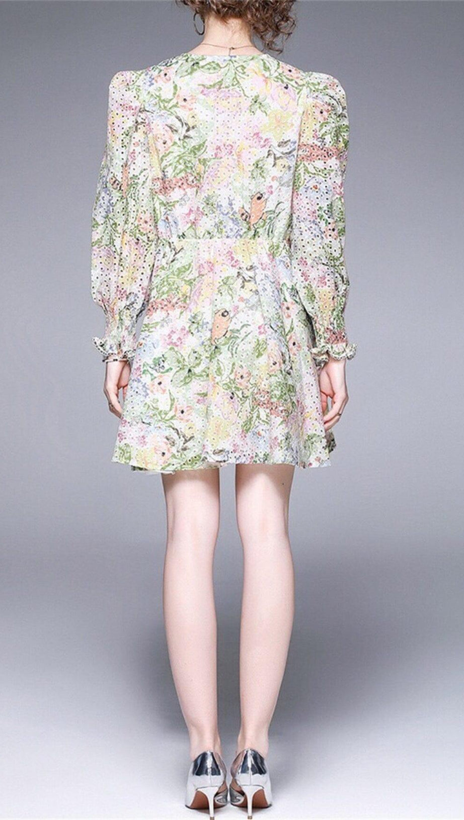 LONG PUFF SLEEVE V NECK DIAMONDS BOW RUFFLES MINI DRESS