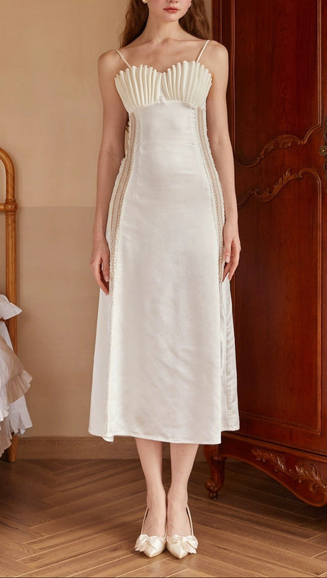 marjorie Shell Pleated Satin Midi Dress in white
