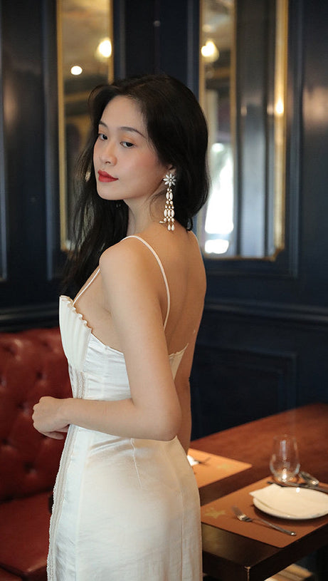 marjorie Shell Pleated Satin Midi Dress in white