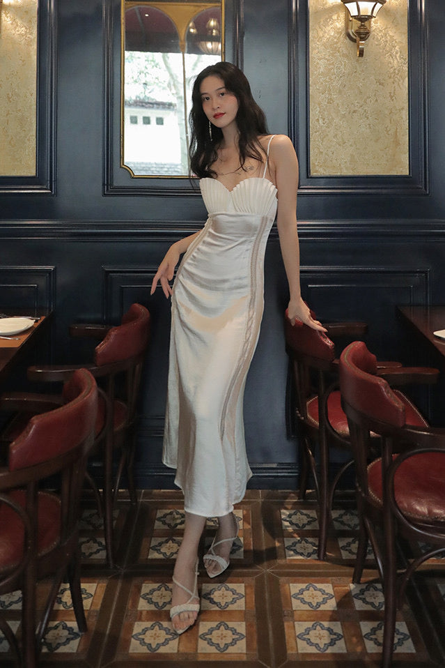 AIIZIE marjorie Shell Pleated Satin Midi Dress in white - product image