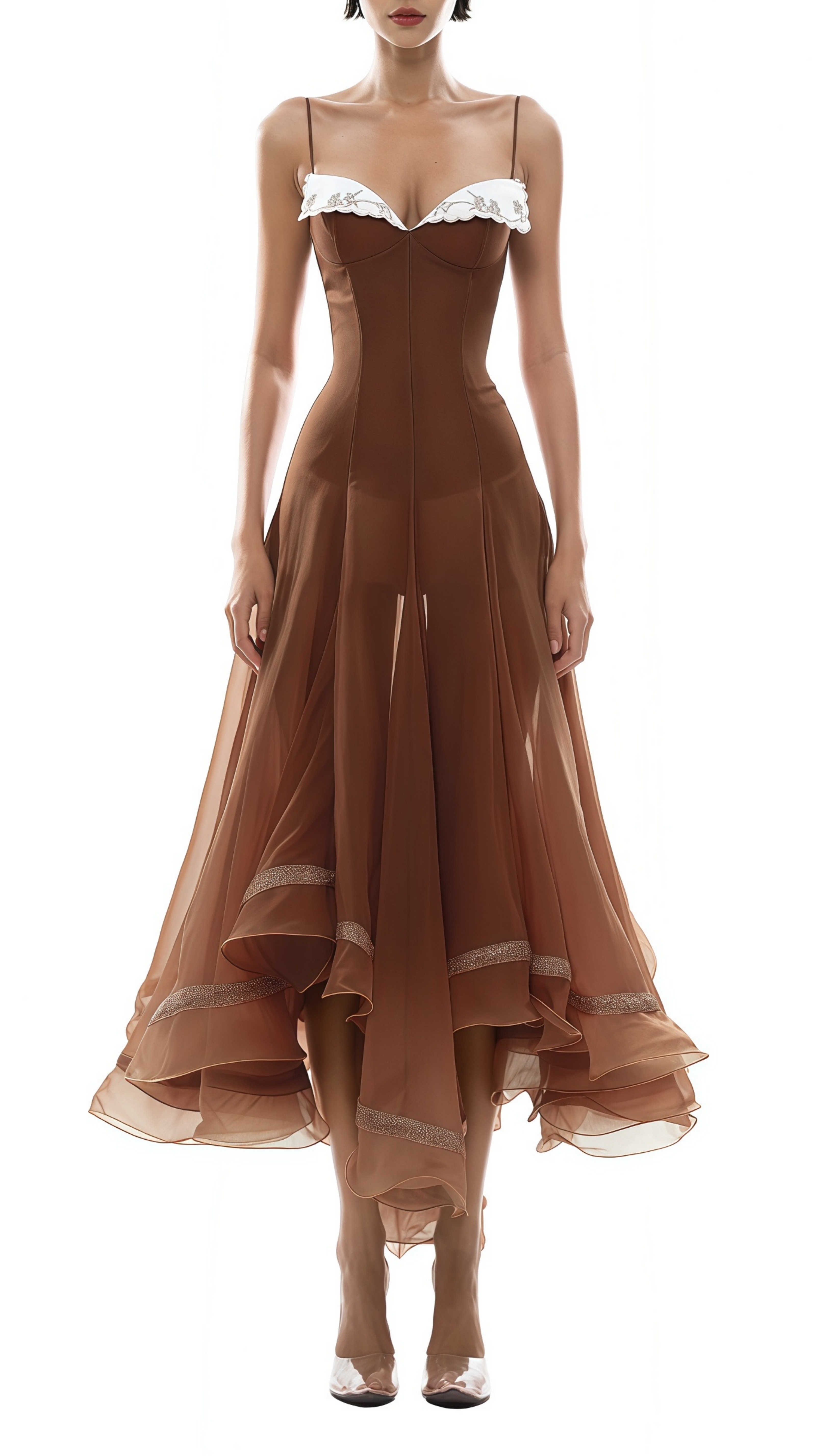 xaviera Rust Asymmetrical Midi Dress in Brown