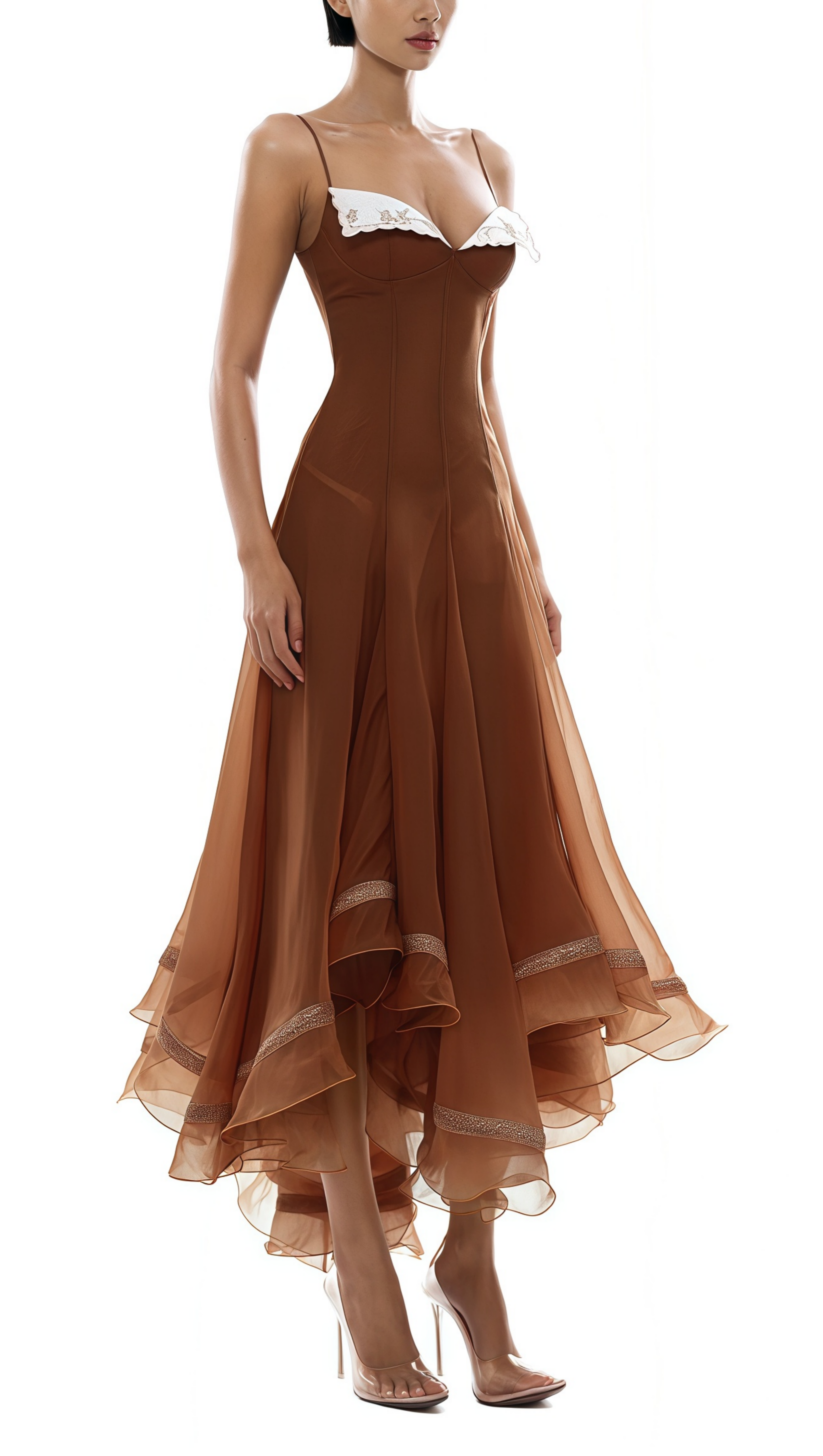 xaviera Rust Asymmetrical Midi Dress in Brown