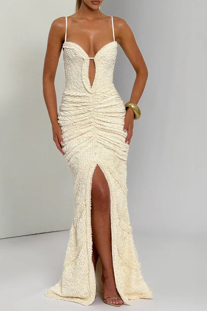 AIIZIE SLIT PLEATED BODYCON MAXI DRESS IN KAHKI - product image