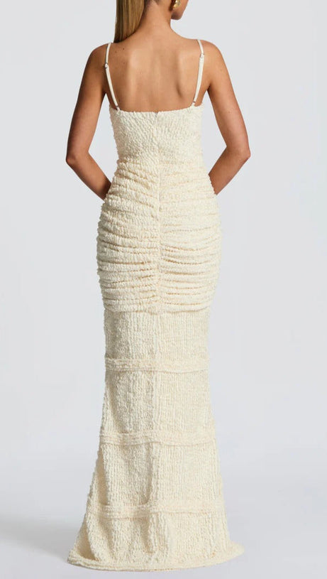 SLIT PLEATED BODYCON MAXI DRESS IN KAHKI