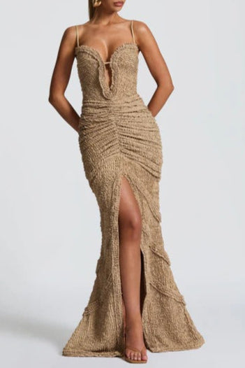 SLIT PLEATED BODYCON MAXI DRESS IN IVORY