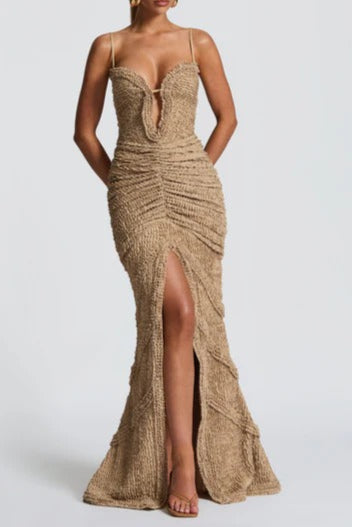 SLIT PLEATED BODYCON MAXI DRESS IN IVORY