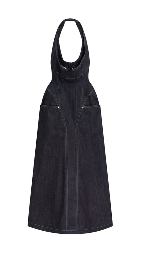 ABITO MIDI CON CORSETTO E HALT IN DENIM BLU NAVY