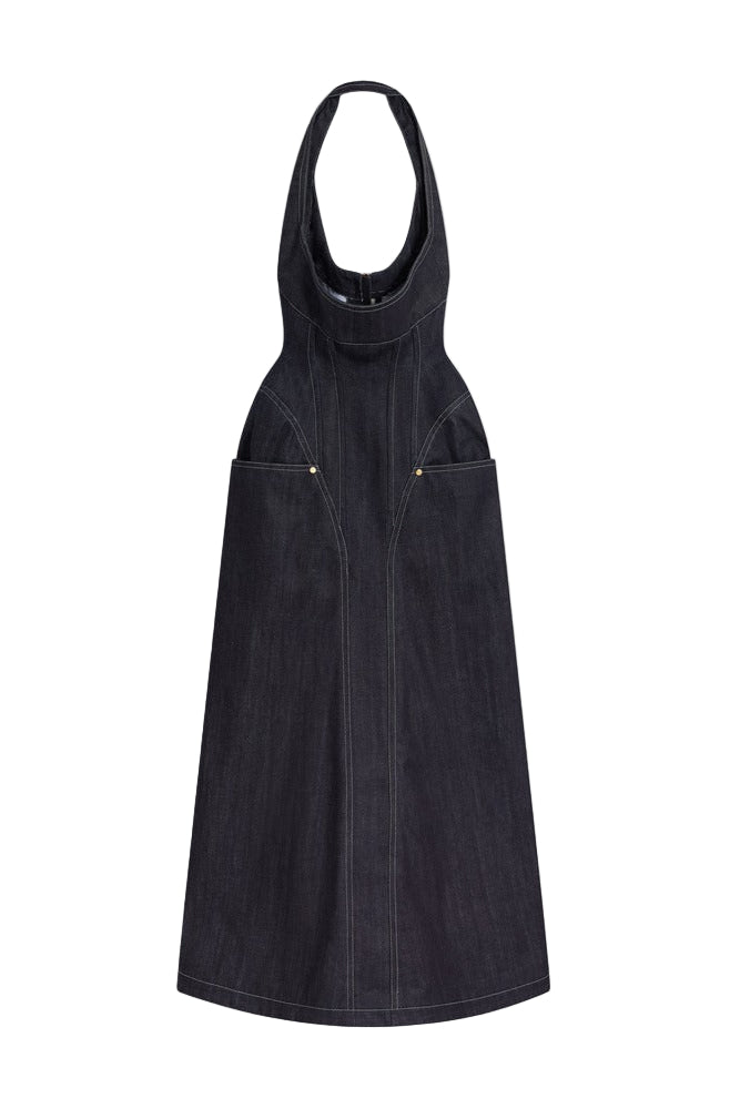 HALTERED CORSETED MIDI DRESS DENIM IN NAVY BLUE