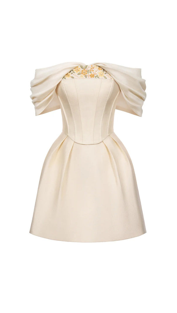 AIIZIE EMBROIDERY A-LINE OFF-SHOULDER POLYESTER MINI DRESS IN BEIGE - product image