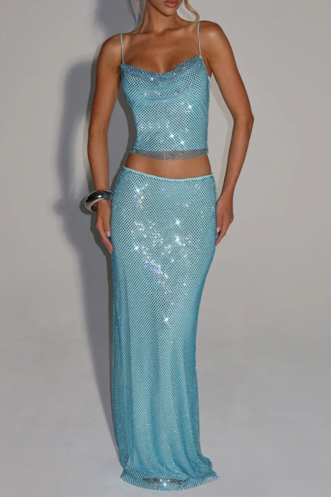 AIIZIE MELISSA SEQUIN TUBE TOP MAXI SKIRT SUIT IN BLUE - product image