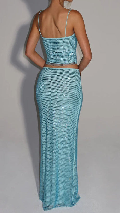 MELISSA SEQUIN TUBE TOP MAXI SKIRT SUIT IN BLUE